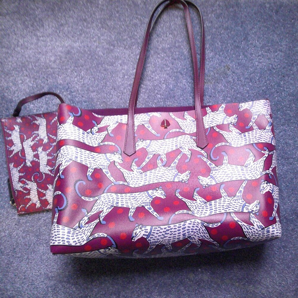 EUC Kate Spade Women’s Large Leather Tote Shoulder Bag w Pouch, Cheetah Pattern